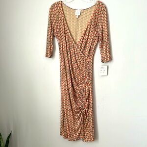 Julienne W Tan, Red, & Black faux Wrap dress size L NWT